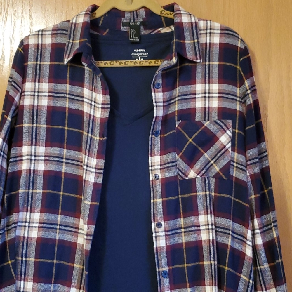 Maroon & Navy Plaid Shirt + FREEBIE Tee!